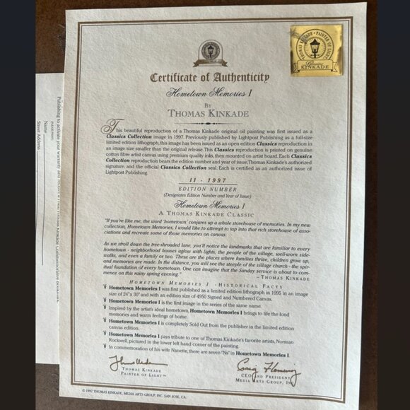 Thomas Kinkade Hometown Memories I with Gold Frame - Picture 3 of 3